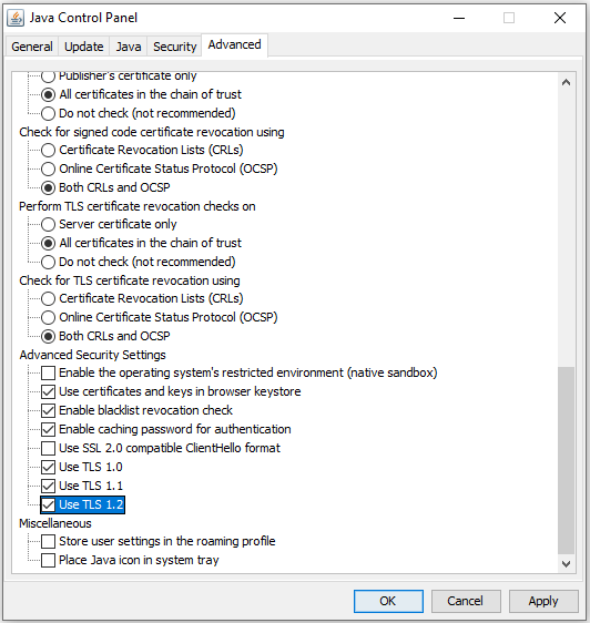 Advanced Security Settings - Use TLS 1.2